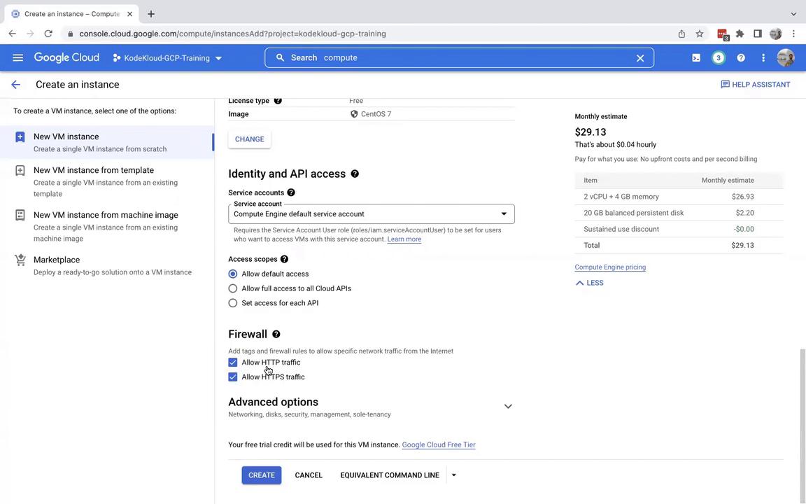The image shows a Google Cloud Platform interface for creating a new virtual machine instance, with options for identity and API access, firewall settings, and a monthly cost estimate.