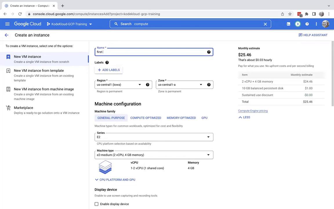 The image shows a Google Cloud Platform interface for creating a new virtual machine instance, with options for machine configuration and a monthly cost estimate.