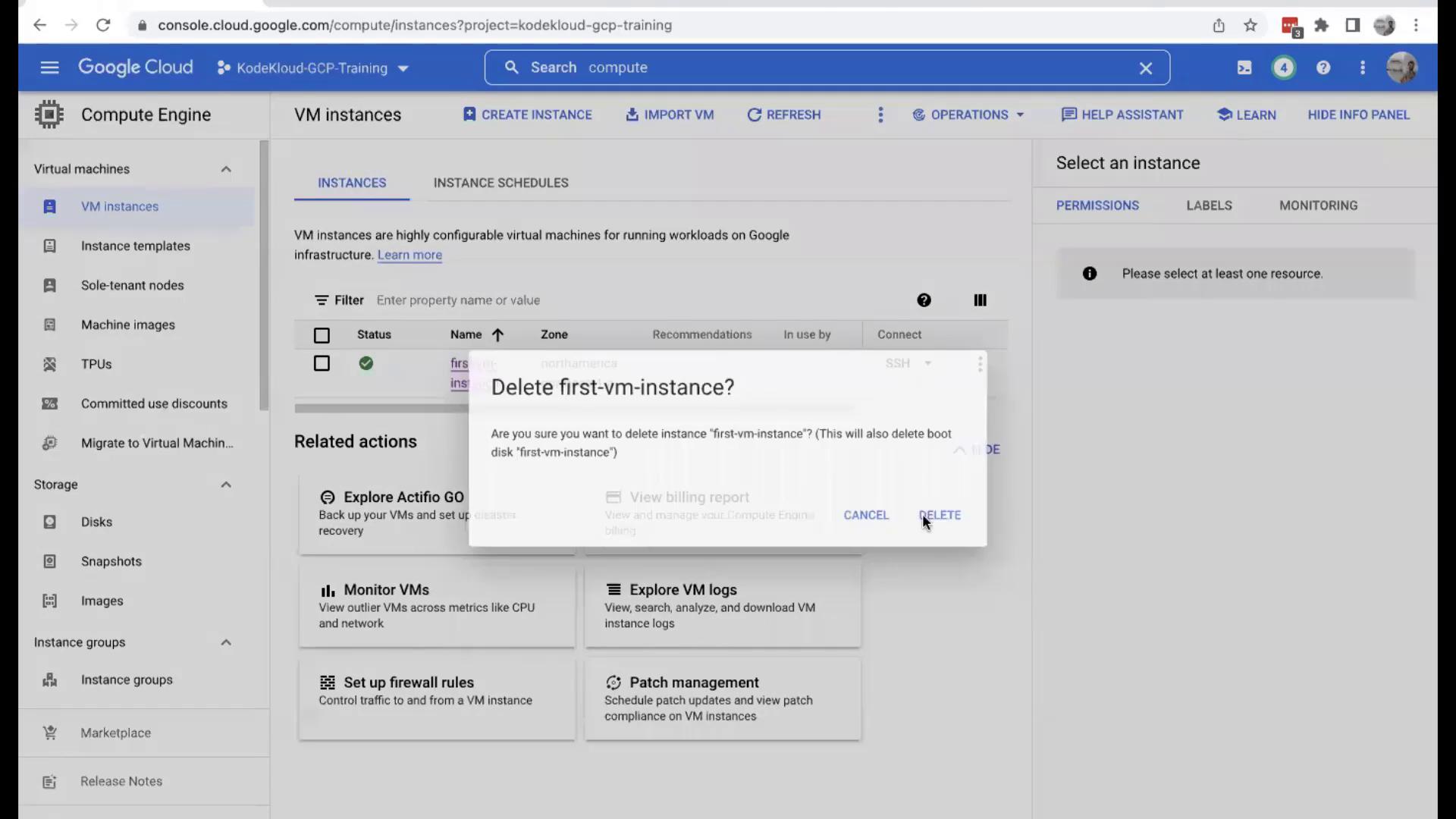 The image shows a Google Cloud Console interface where a user is prompted to confirm the deletion of a virtual machine instance named "first-vm-instance." The options to cancel or delete are visible.