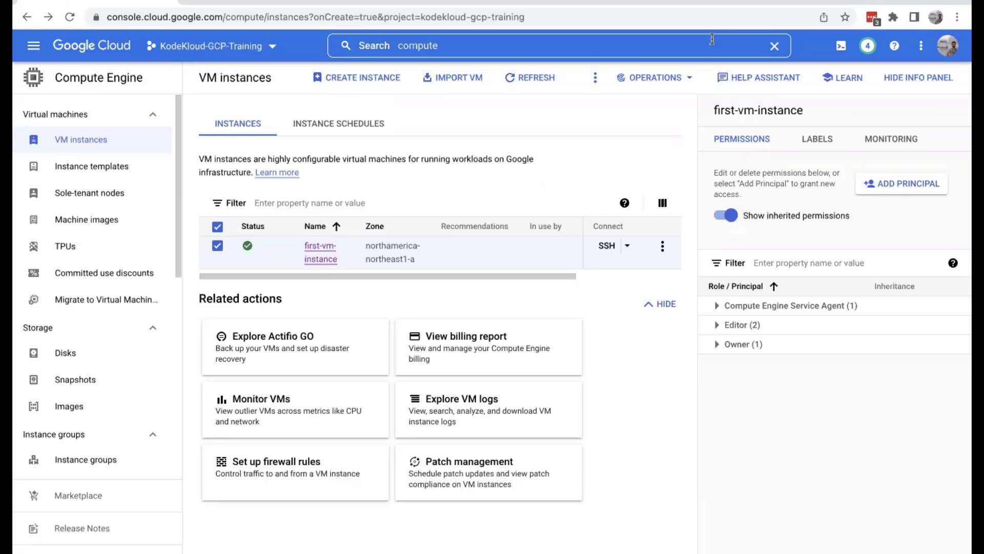 The image shows a Google Cloud Platform console displaying a list of VM instances, with one instance named "first-vm-instance" in the "northamerica-northeast1-a" zone. The right panel shows permissions settings for the instance.