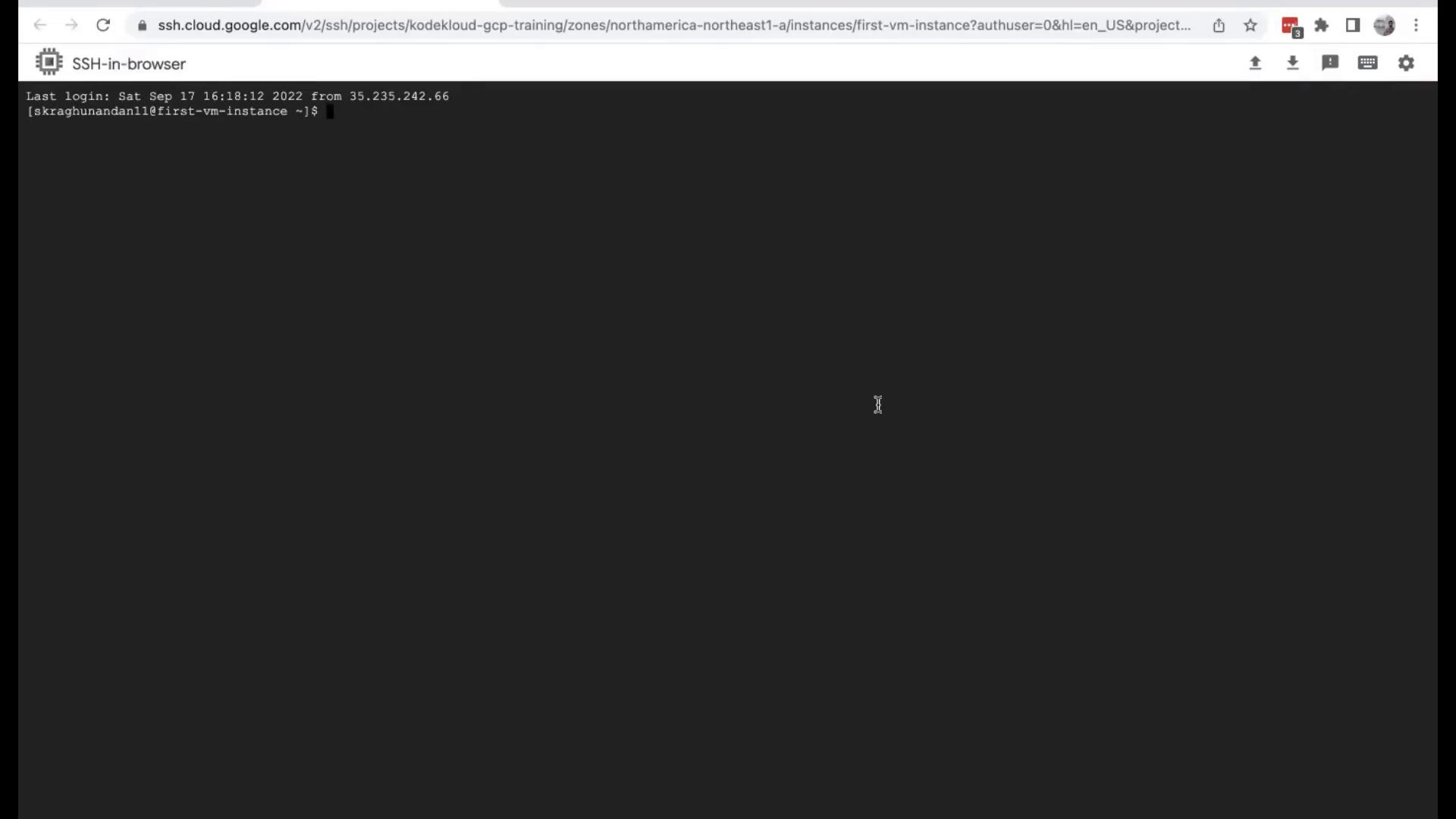 The image shows a browser-based SSH terminal connected to a Google Cloud VM instance, displaying a command prompt ready for input.