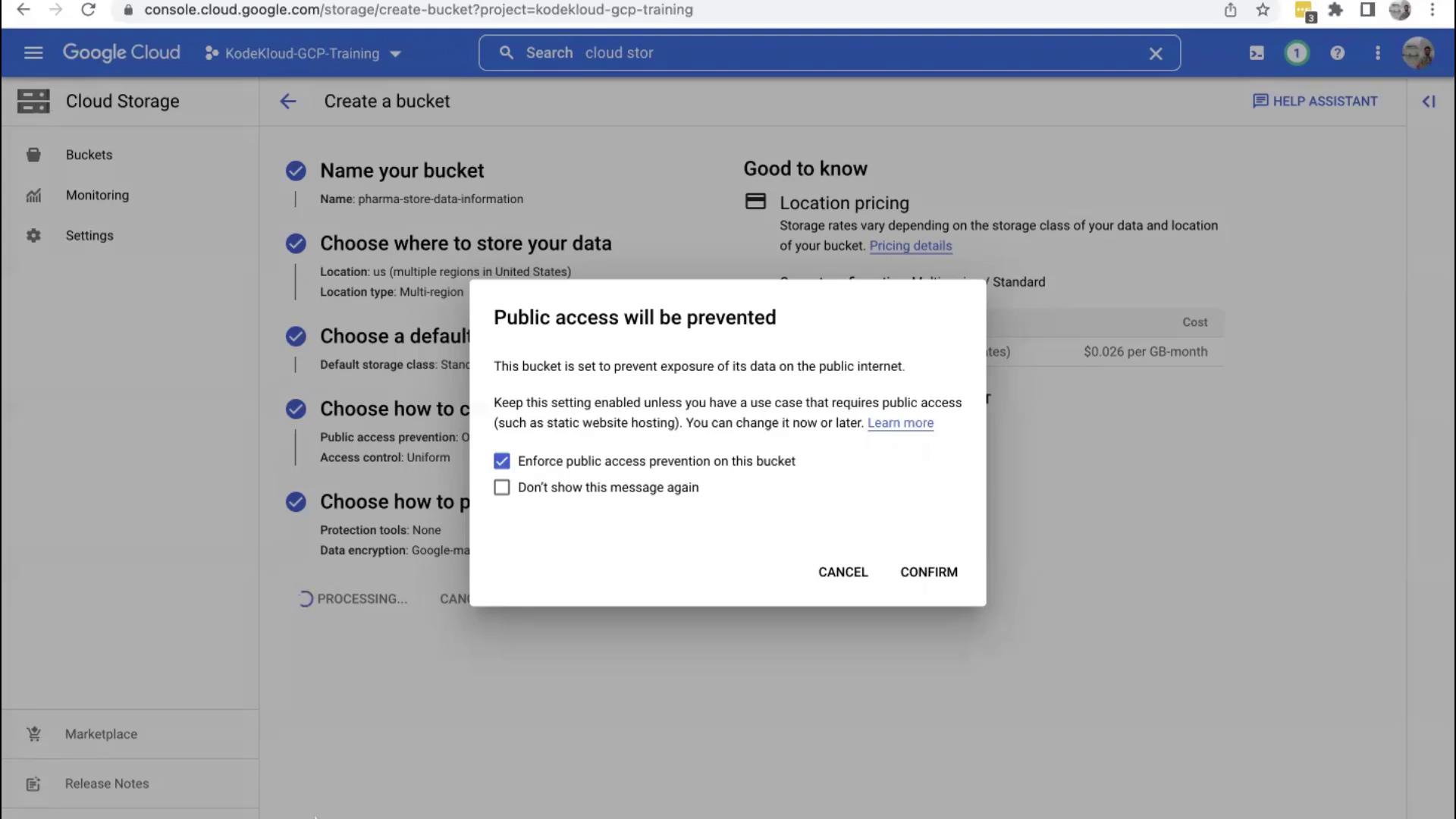 The image shows a Google Cloud Storage interface where a user is creating a bucket with a pop-up message indicating that public access will be prevented. The user can choose to enforce public access prevention on the bucket.