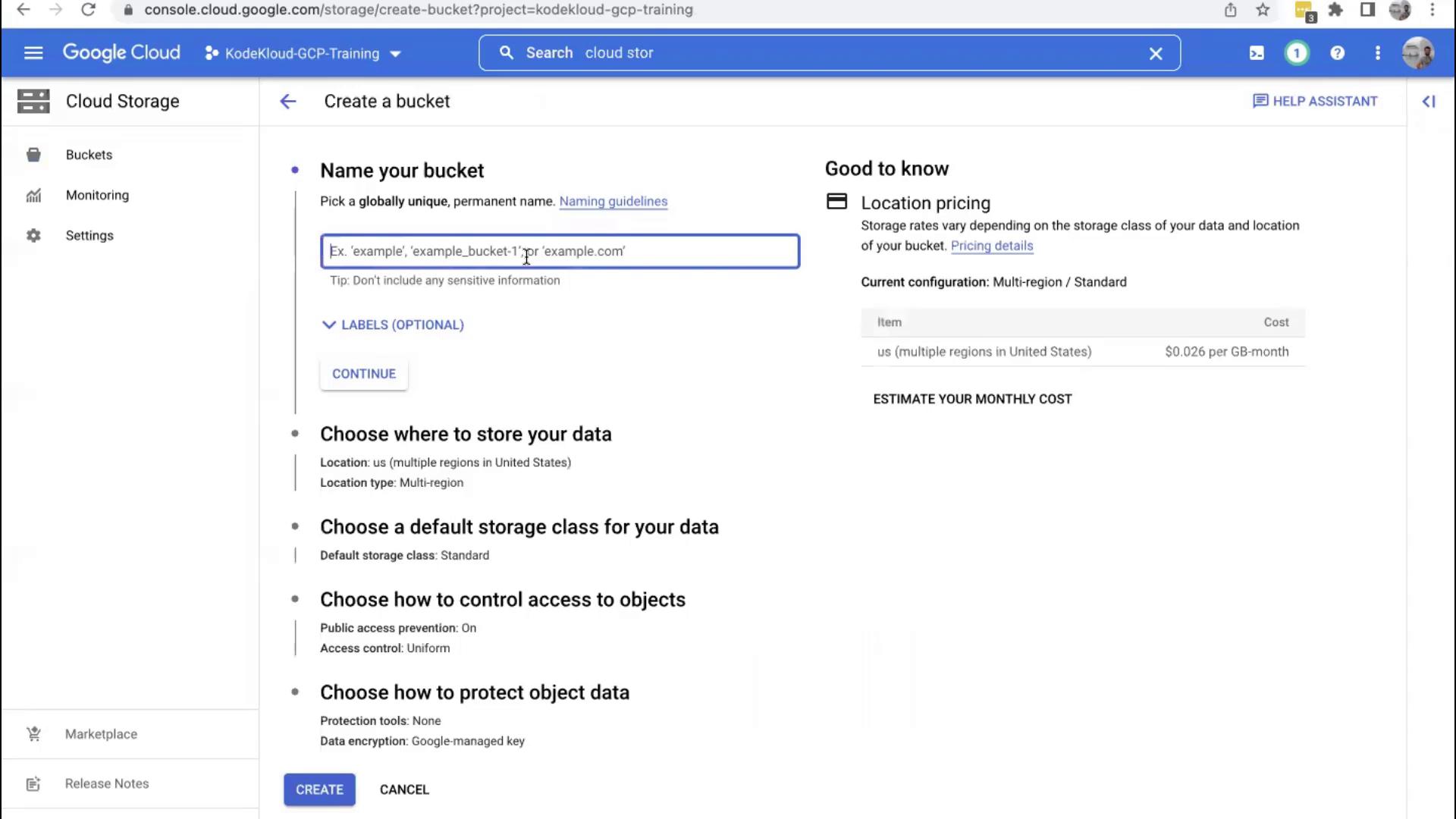 The image shows a Google Cloud Platform interface for creating a storage bucket, with options to name the bucket, choose storage location, class, access control, and protection settings.