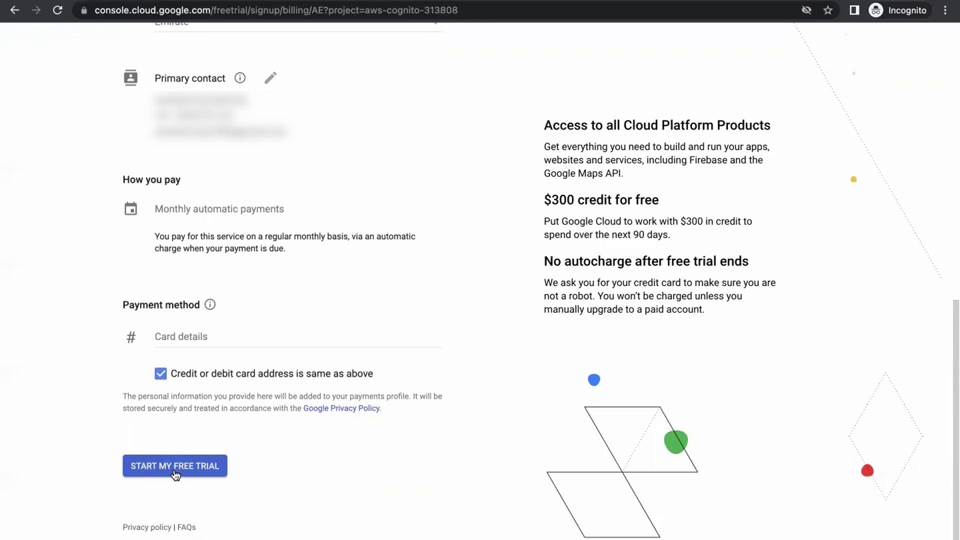 The image shows a Google Cloud Platform signup page offering a free trial with $300 credit, requiring credit card details for verification but promising no autocharge after the trial ends.