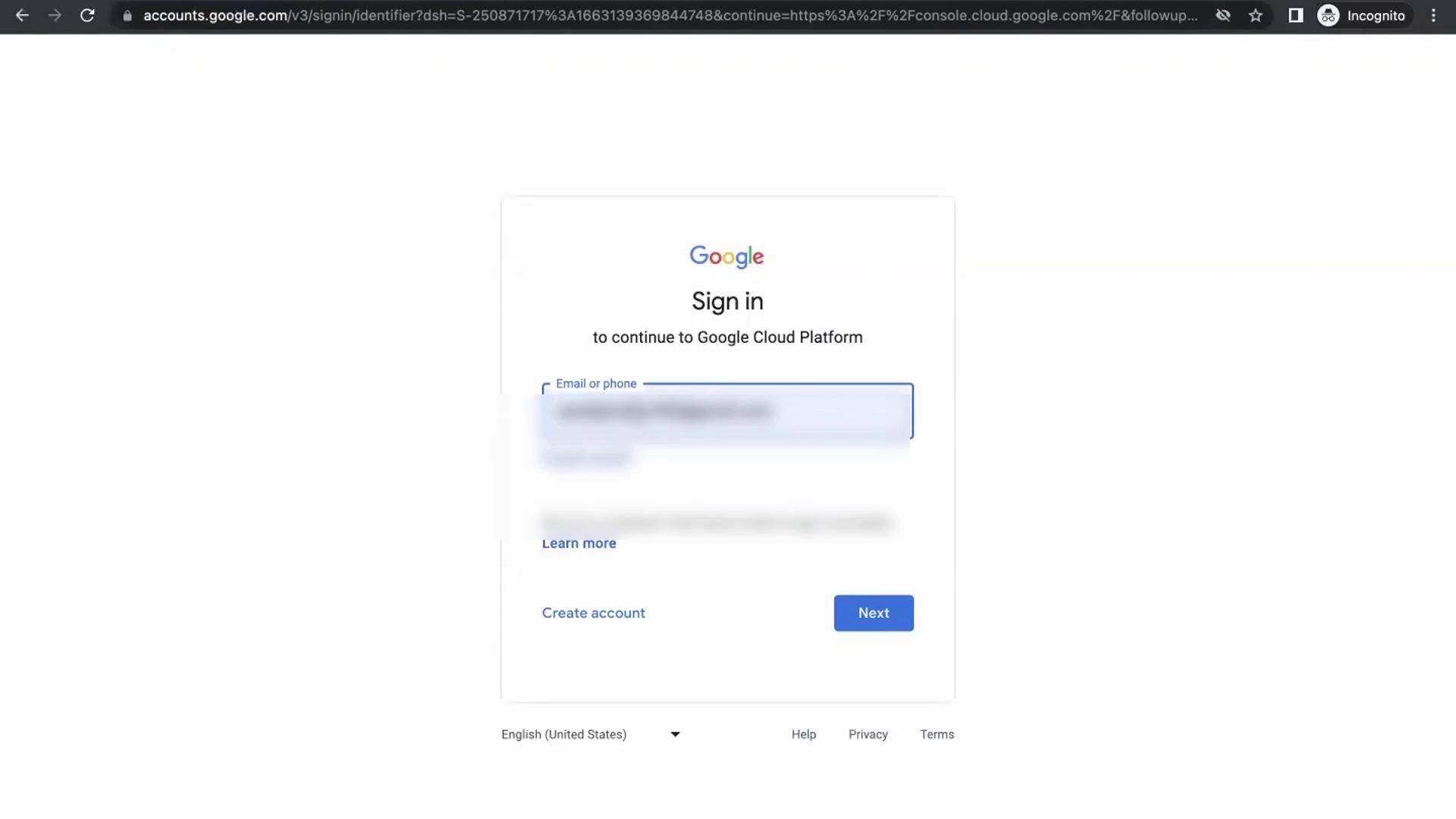 The image shows a Google sign-in page for accessing the Google Cloud Platform, with fields for entering an email or phone number.
