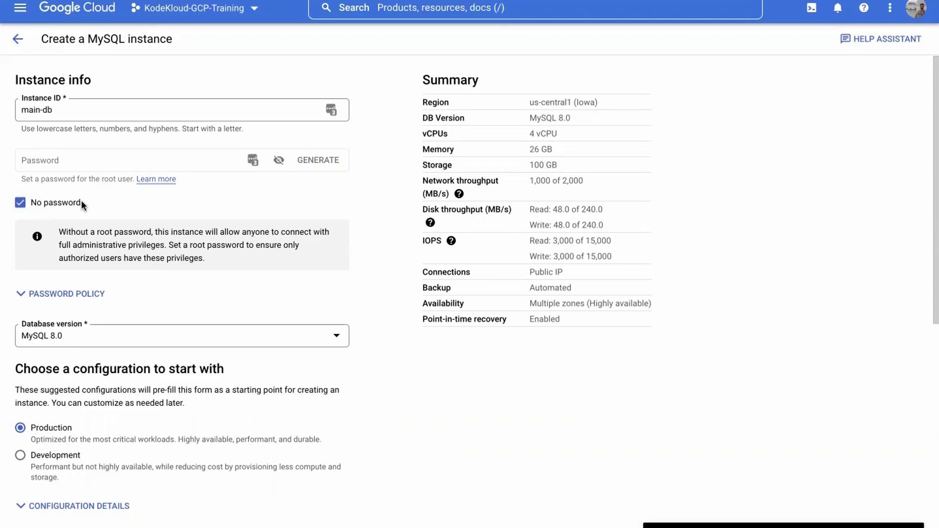 The image shows a Google Cloud interface for creating a MySQL instance, displaying configuration options and a summary of instance specifications like region, memory, and storage.