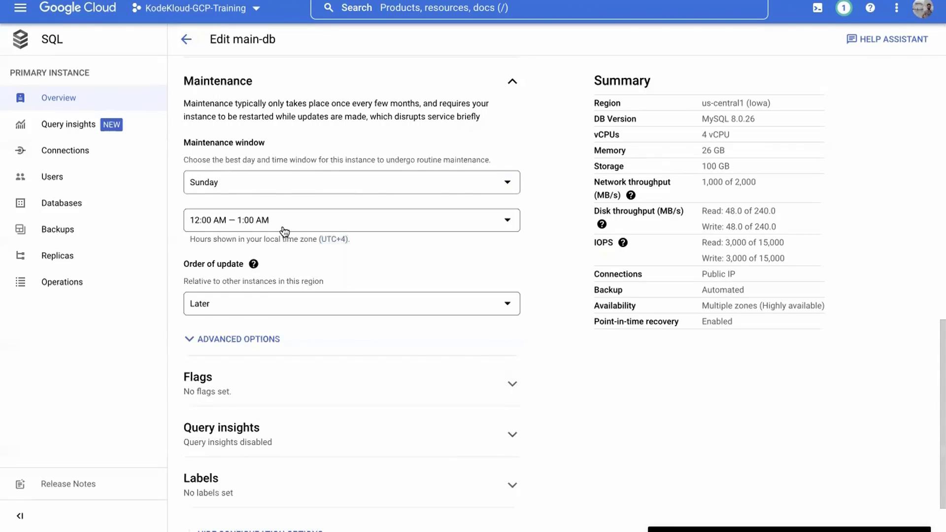 The image shows a Google Cloud SQL interface for editing a database instance, with maintenance settings on the left and a summary of instance details on the right.