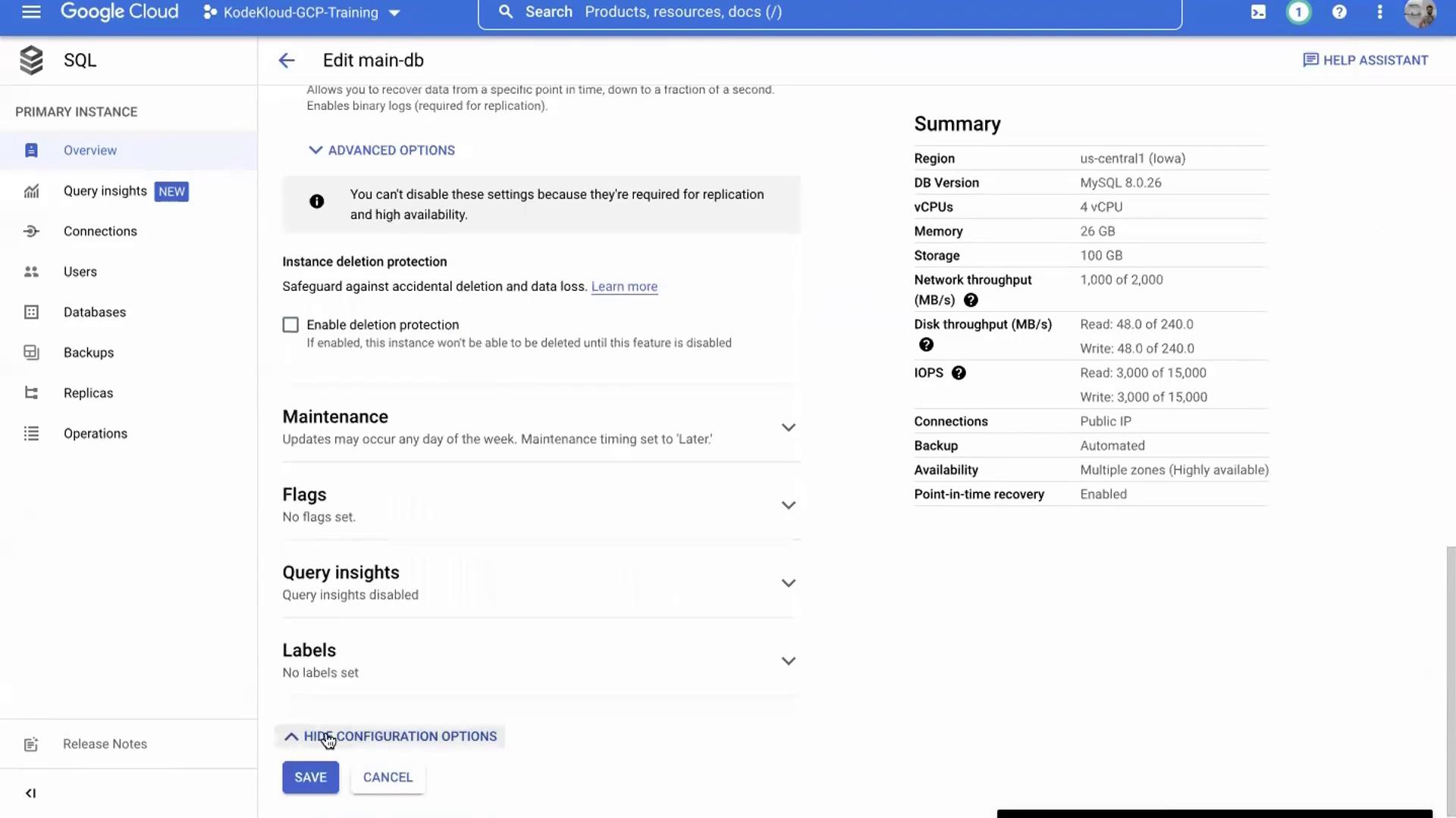 The image shows a Google Cloud SQL configuration page for editing a database instance, with options for deletion protection, maintenance, and a summary of the instance's specifications.
