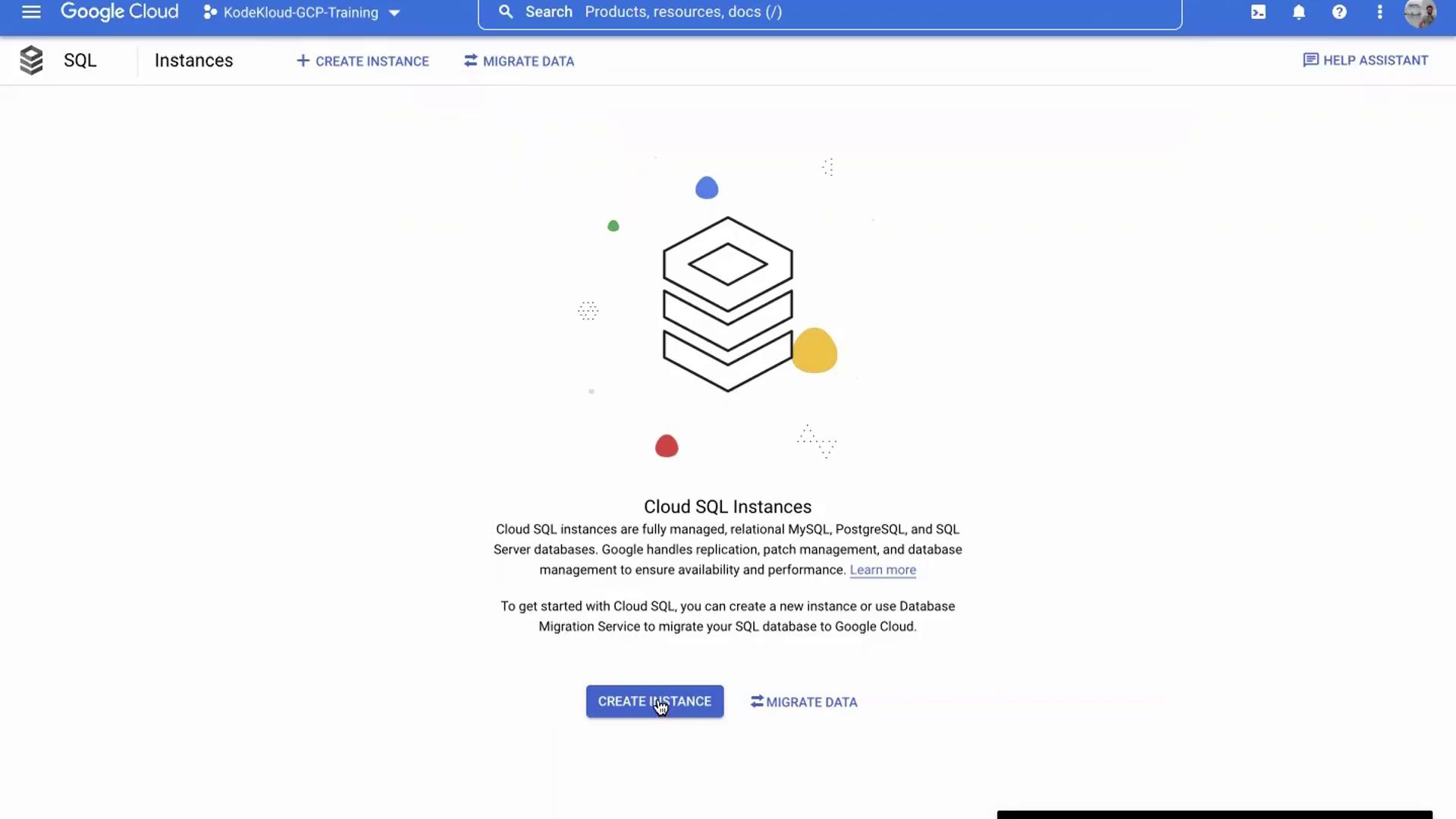 The image shows a Google Cloud interface for managing Cloud SQL instances, with options to create an instance or migrate data. It includes a brief description of Cloud SQL services.