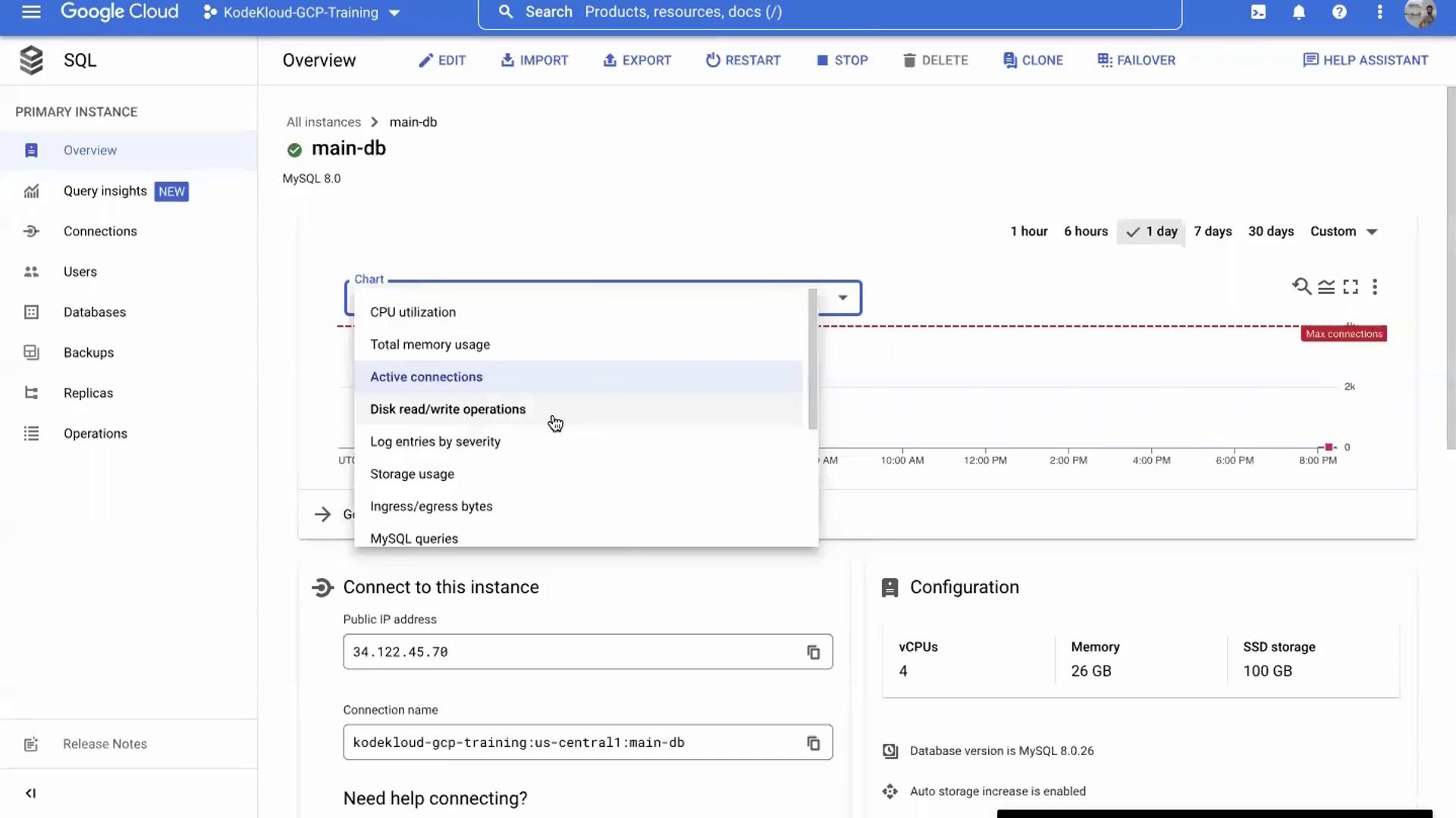 The image shows a Google Cloud SQL dashboard for a MySQL database instance named "main-db," displaying options for monitoring metrics like CPU utilization and active connections. It also includes configuration details such as vCPUs, memory, and SSD storage.