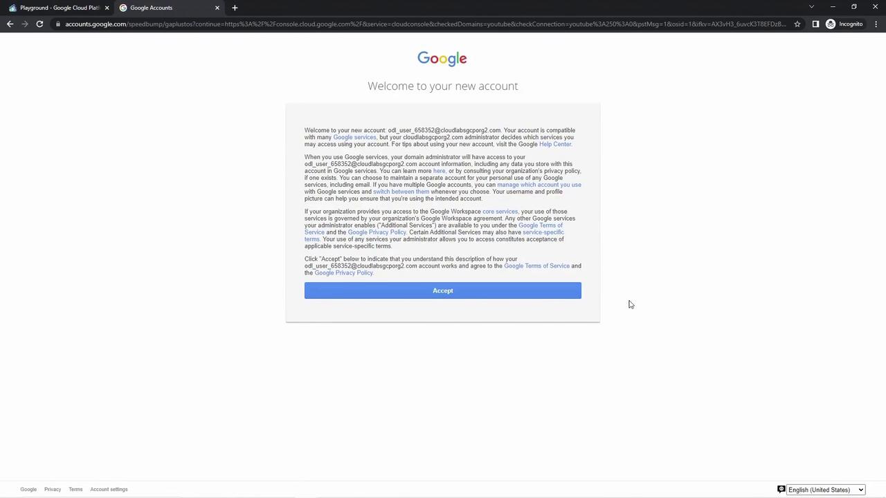 The image shows a Google account setup page with a welcome message and an "Accept" button for agreeing to terms of service.
