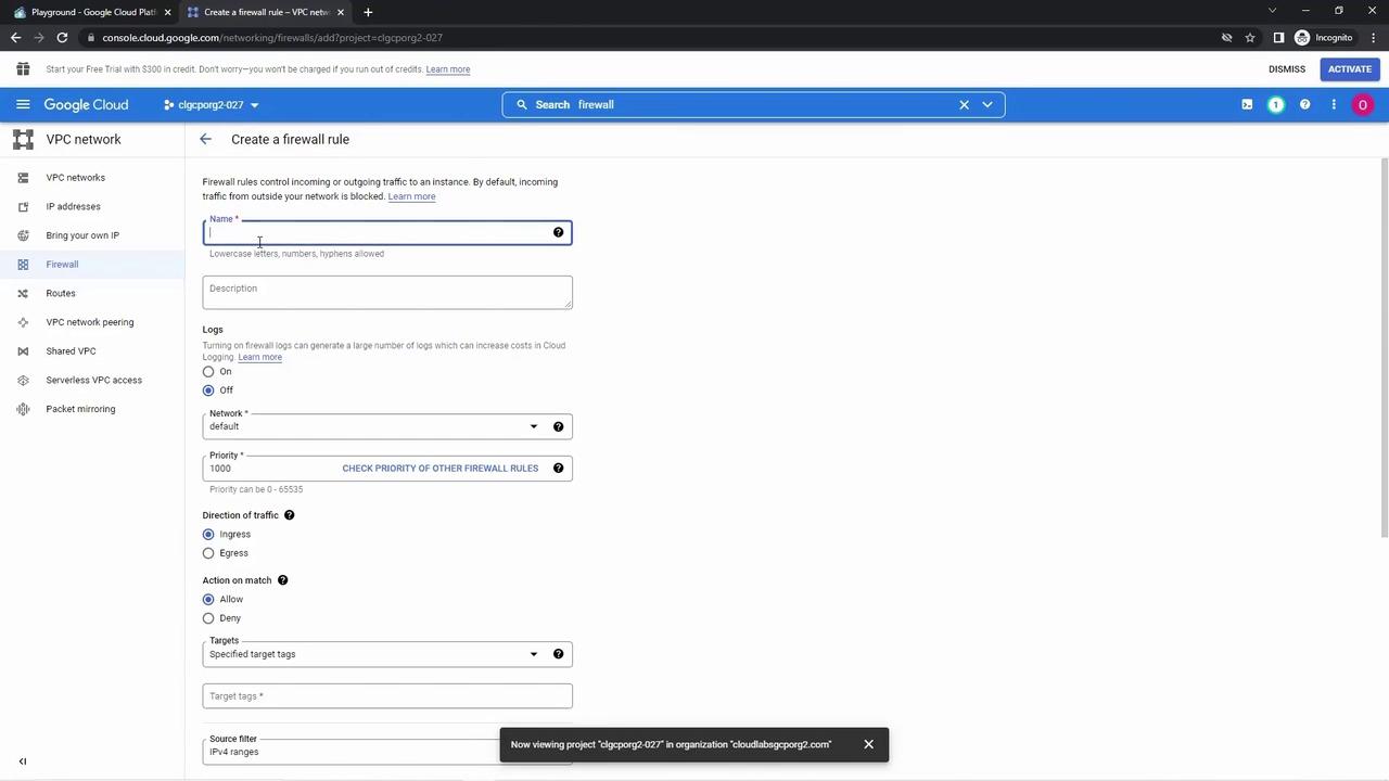 The image shows a Google Cloud Platform interface for creating a firewall rule, with options to set parameters like name, network, priority, and traffic direction.