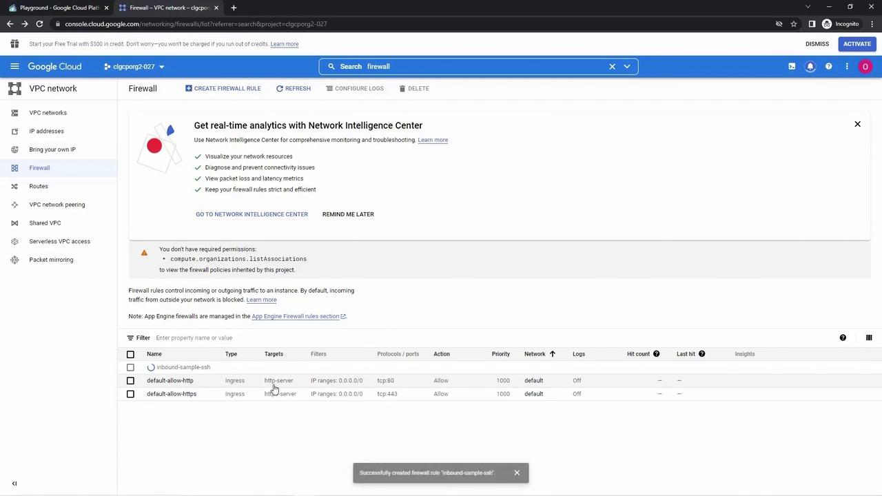 The image shows a Google Cloud Platform interface displaying the firewall settings for a VPC network, including a list of firewall rules with details like name, type, targets, and protocols.