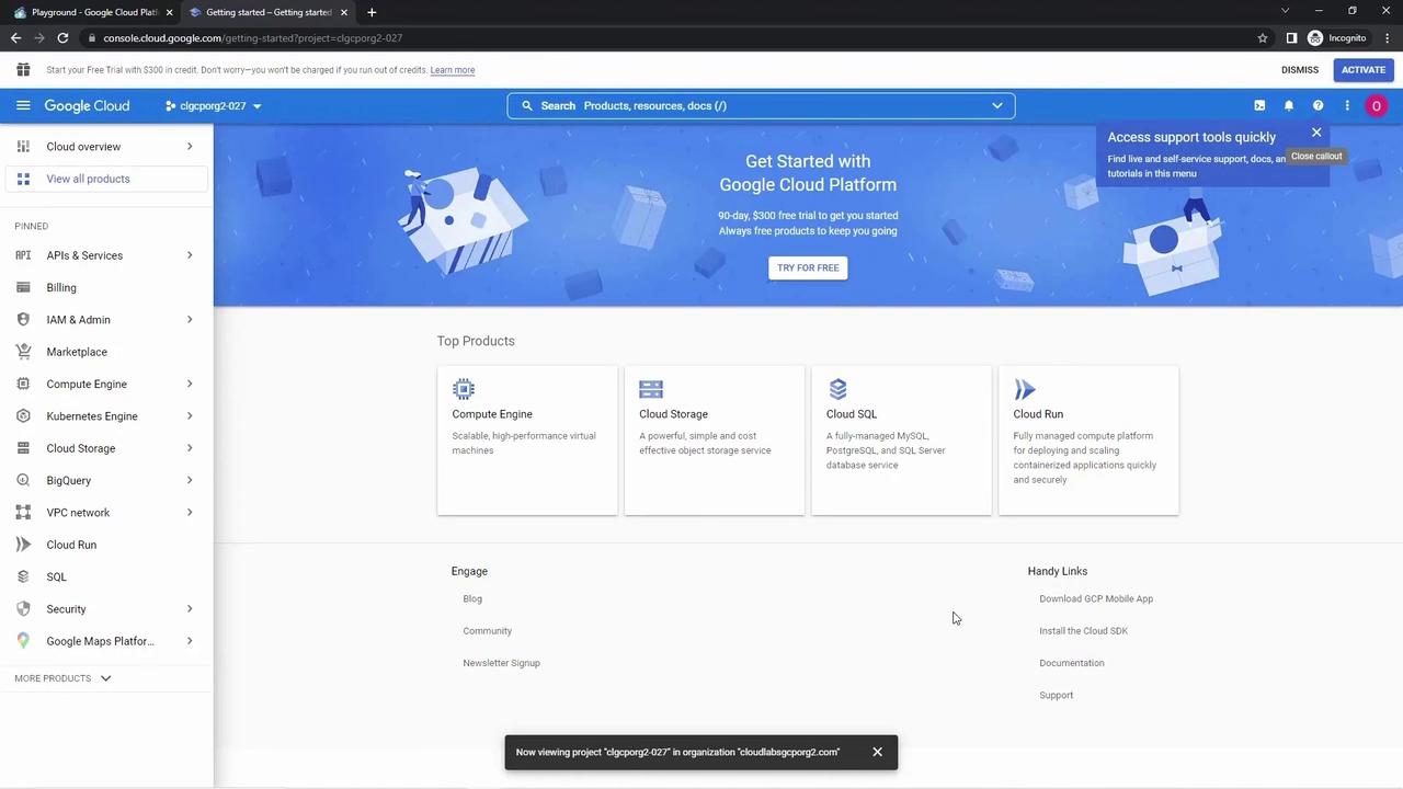 The image shows the Google Cloud Platform console interface, highlighting top products like Compute Engine, Cloud Storage, Cloud SQL, and Cloud Run. It includes navigation options on the left and a banner offering a free trial.