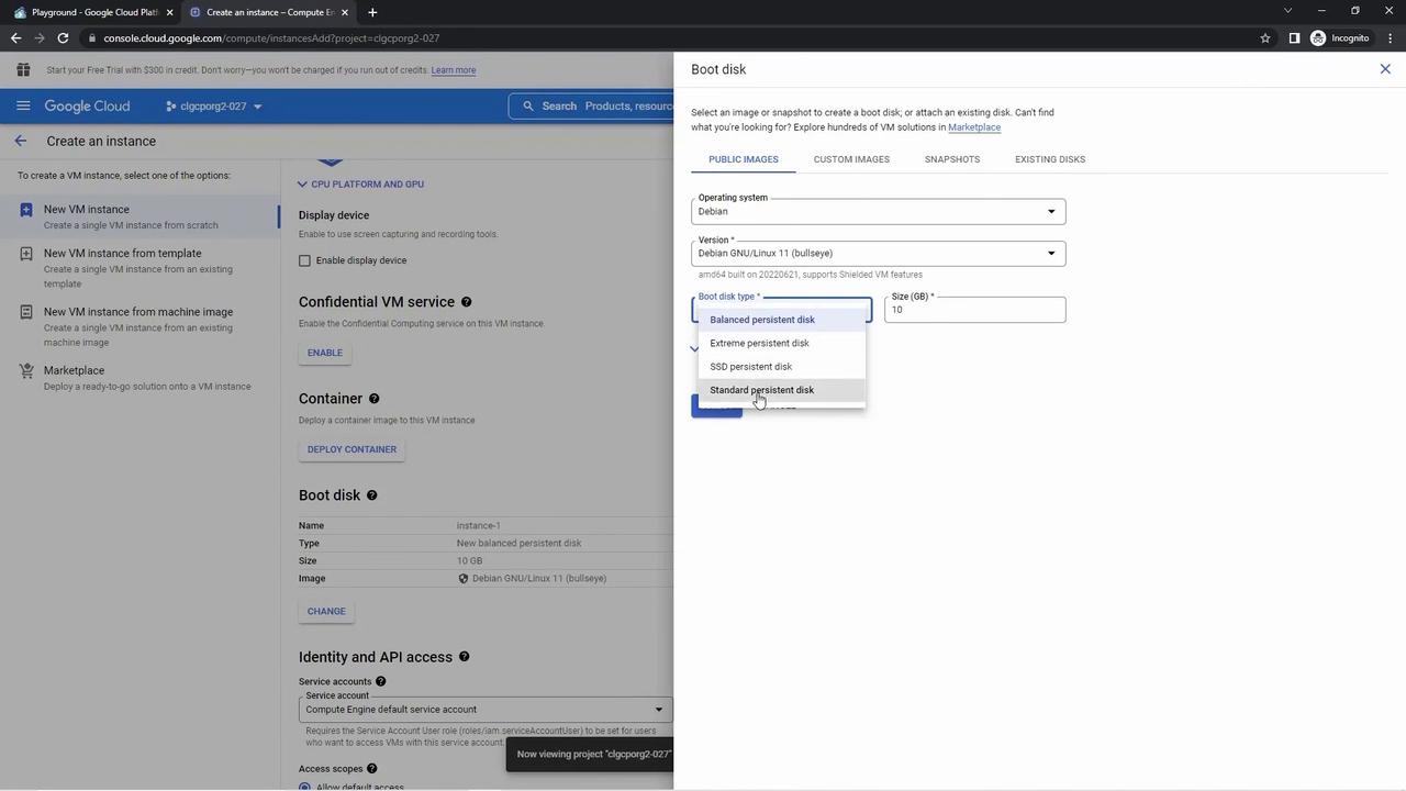 The image shows a Google Cloud Platform interface for creating a virtual machine instance, with a focus on selecting a boot disk type and operating system options.