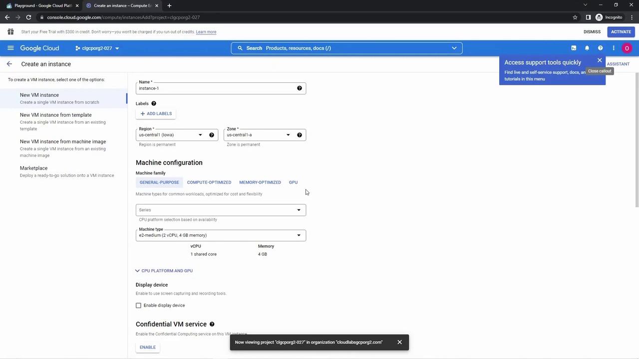 The image shows a Google Cloud Platform interface for creating a new virtual machine instance, with options for machine configuration and region selection.