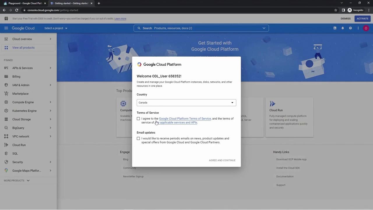 The image shows a Google Cloud Platform interface with a pop-up window prompting the user to agree to the terms of service and select their country. The background displays various Google Cloud services and options.