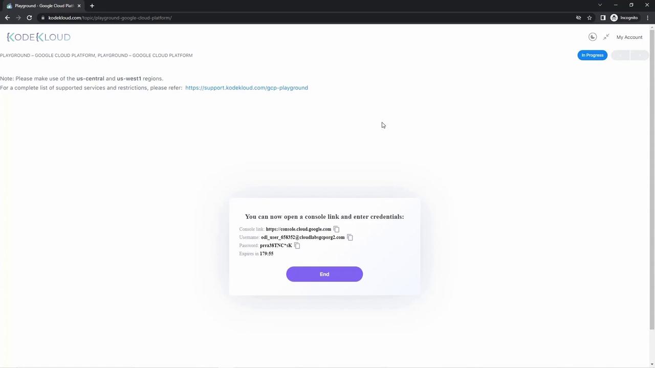 The image shows a webpage from KodeKloud with instructions for accessing a Google Cloud Platform console, including a link, username, password, and expiration time.