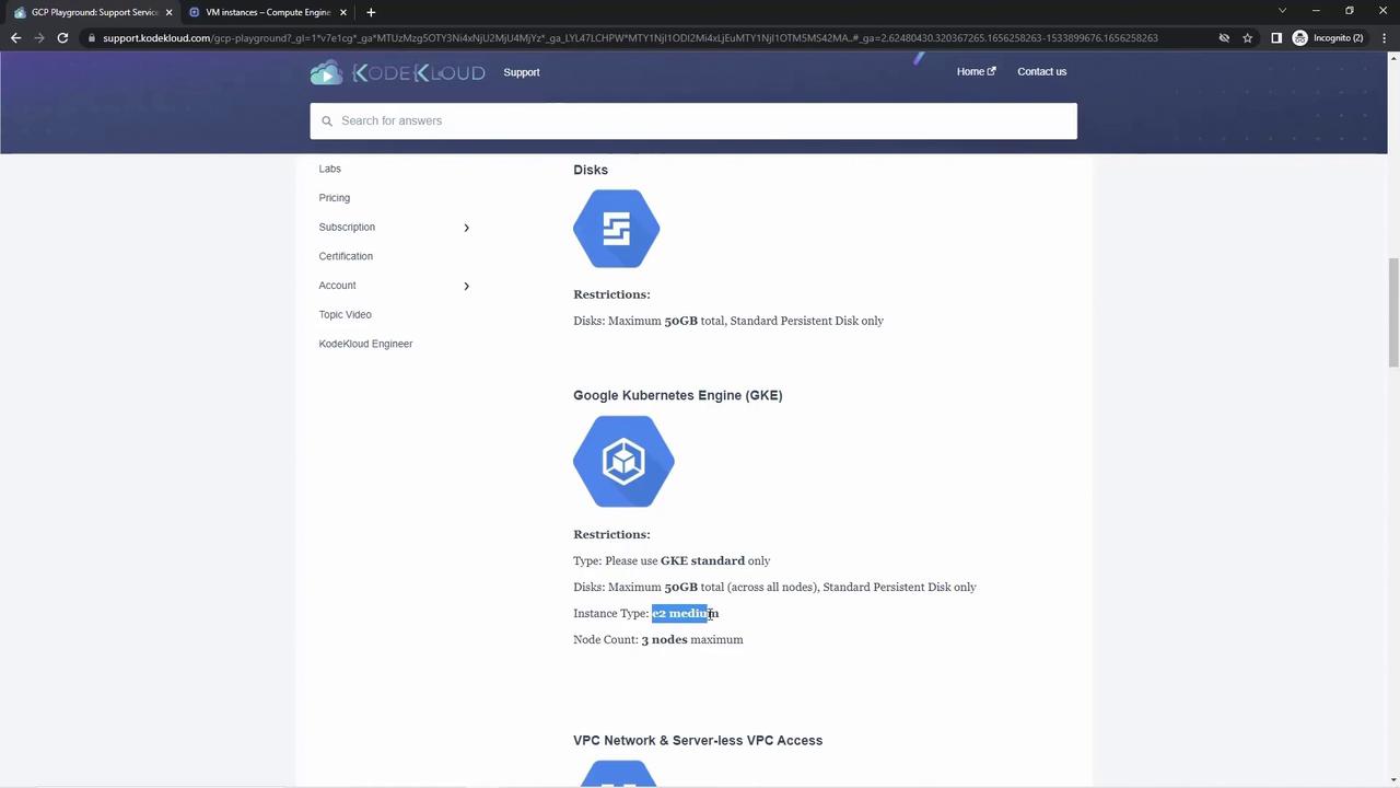 The image shows a webpage from KodeKloud's support section detailing restrictions for disks and Google Kubernetes Engine (GKE), including limits on disk size and instance type.