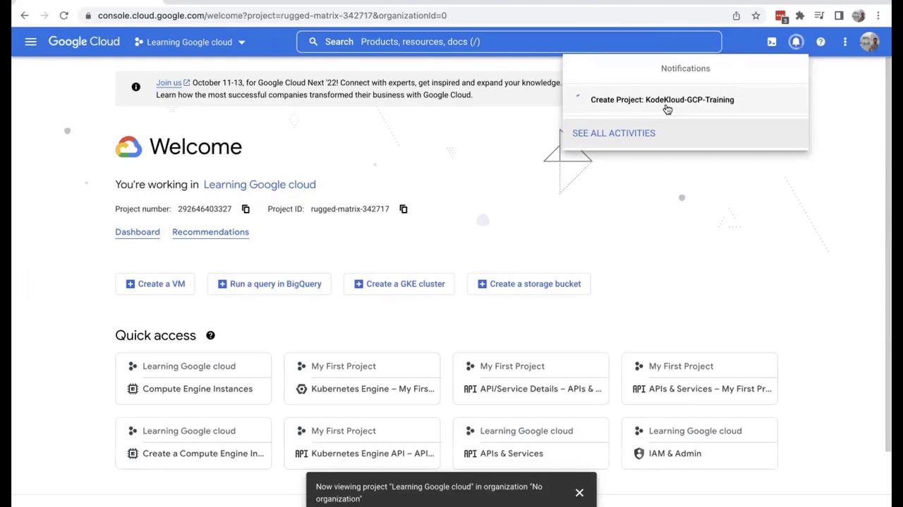 The image shows a Google Cloud console dashboard with options to create a VM, run a query in BigQuery, and other quick access features. A notification about creating a project is also visible.