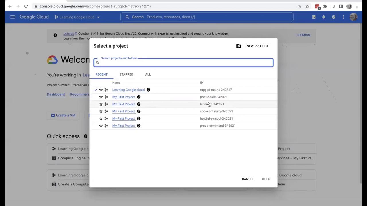 The image shows a Google Cloud console interface with a "Select a project" dialog box open, listing several projects with their names and IDs.