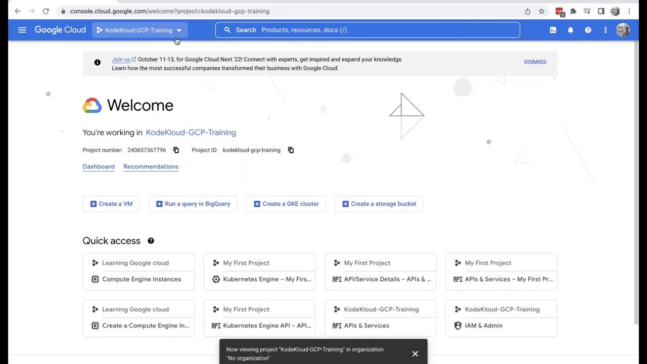 The image shows the Google Cloud Platform console with a welcome screen for the "KodeKloud-GCP-Training" project, featuring options to create a VM, run a query in BigQuery, and other quick access links.