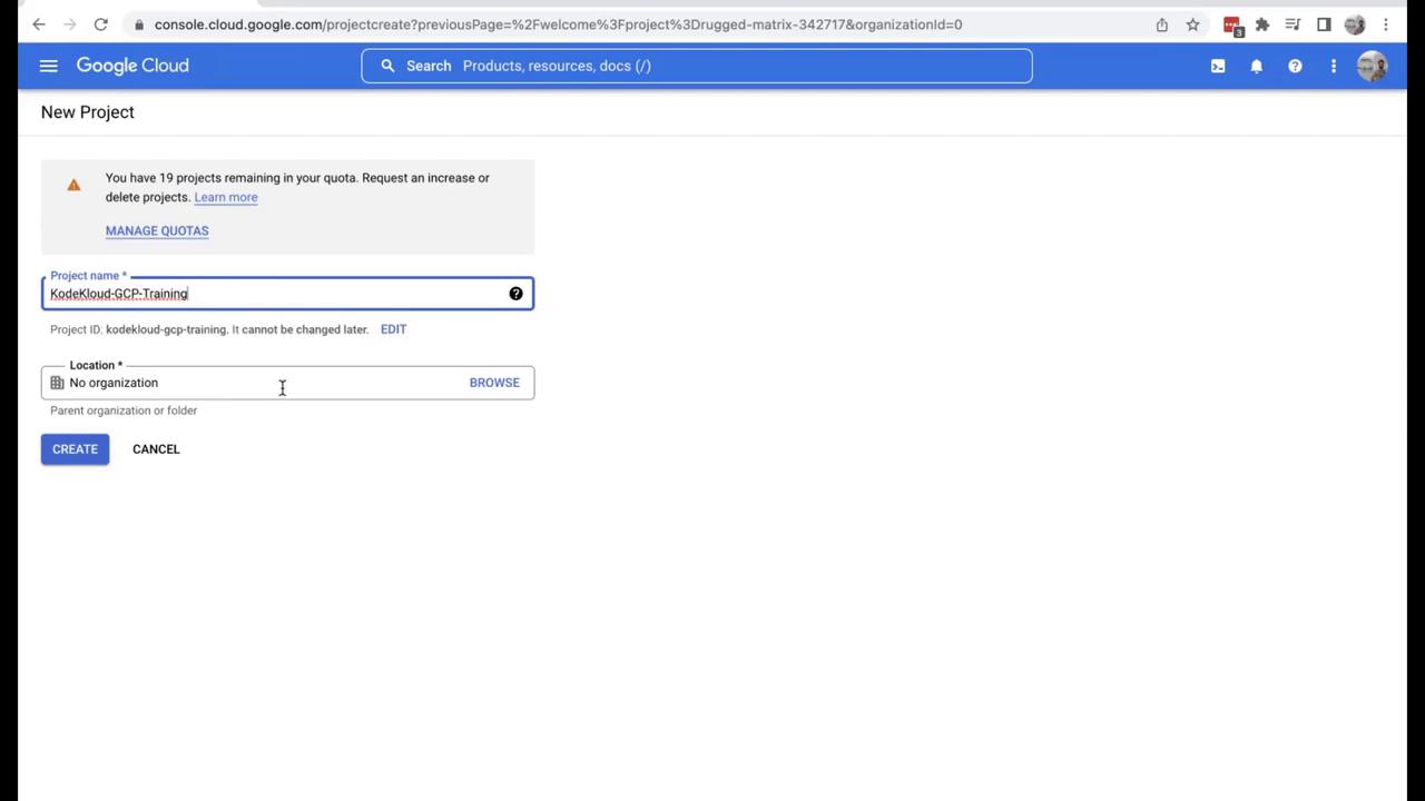 The image shows a Google Cloud Platform interface for creating a new project, with fields for project name, project ID, and location. The project name entered is "KodeKloud-GCP-Training."
