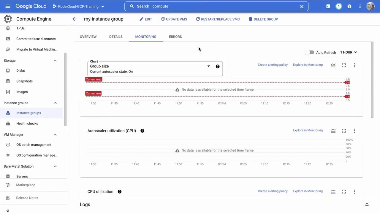 The image shows a Google Cloud Platform (GCP) Compute Engine interface, specifically the monitoring tab for an instance group, displaying charts for group size and autoscaler utilization with no data available.