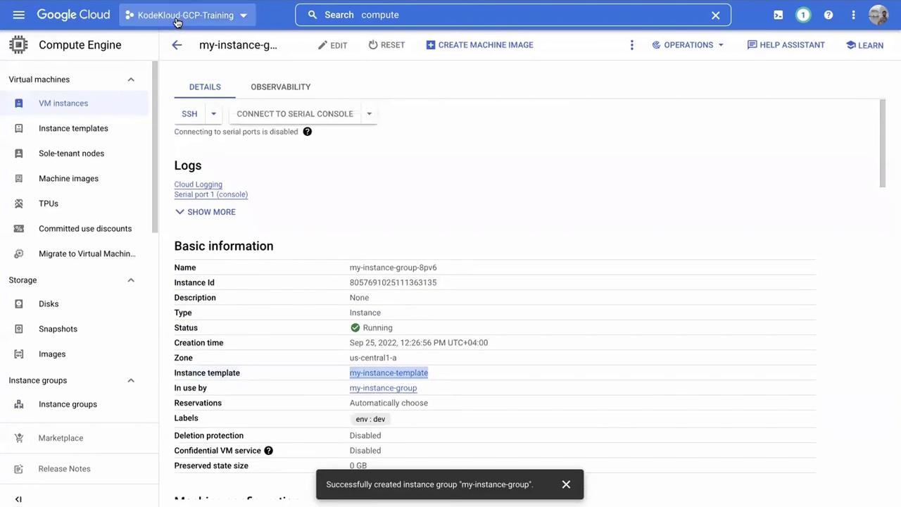 The image shows a Google Cloud Platform (GCP) Compute Engine interface displaying details of a virtual machine instance, including its status, creation time, and zone. A notification at the bottom indicates the successful creation of an instance group.