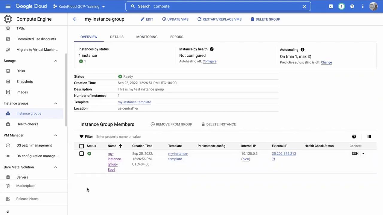 The image shows a Google Cloud Platform interface for managing a Compute Engine instance group. It displays details such as instance status, creation time, template, and autoscaling settings.