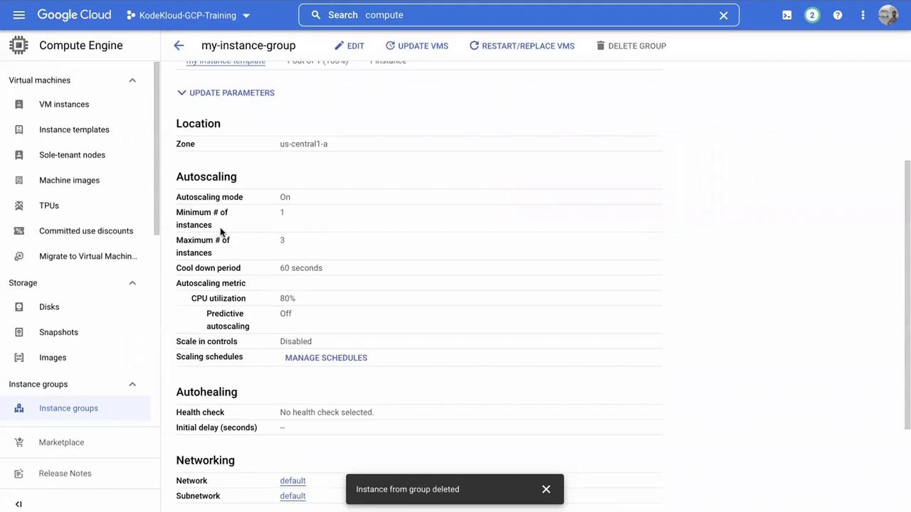 The image shows a Google Cloud Platform interface for managing a compute instance group, displaying settings for location, autoscaling, autohealing, and networking.
