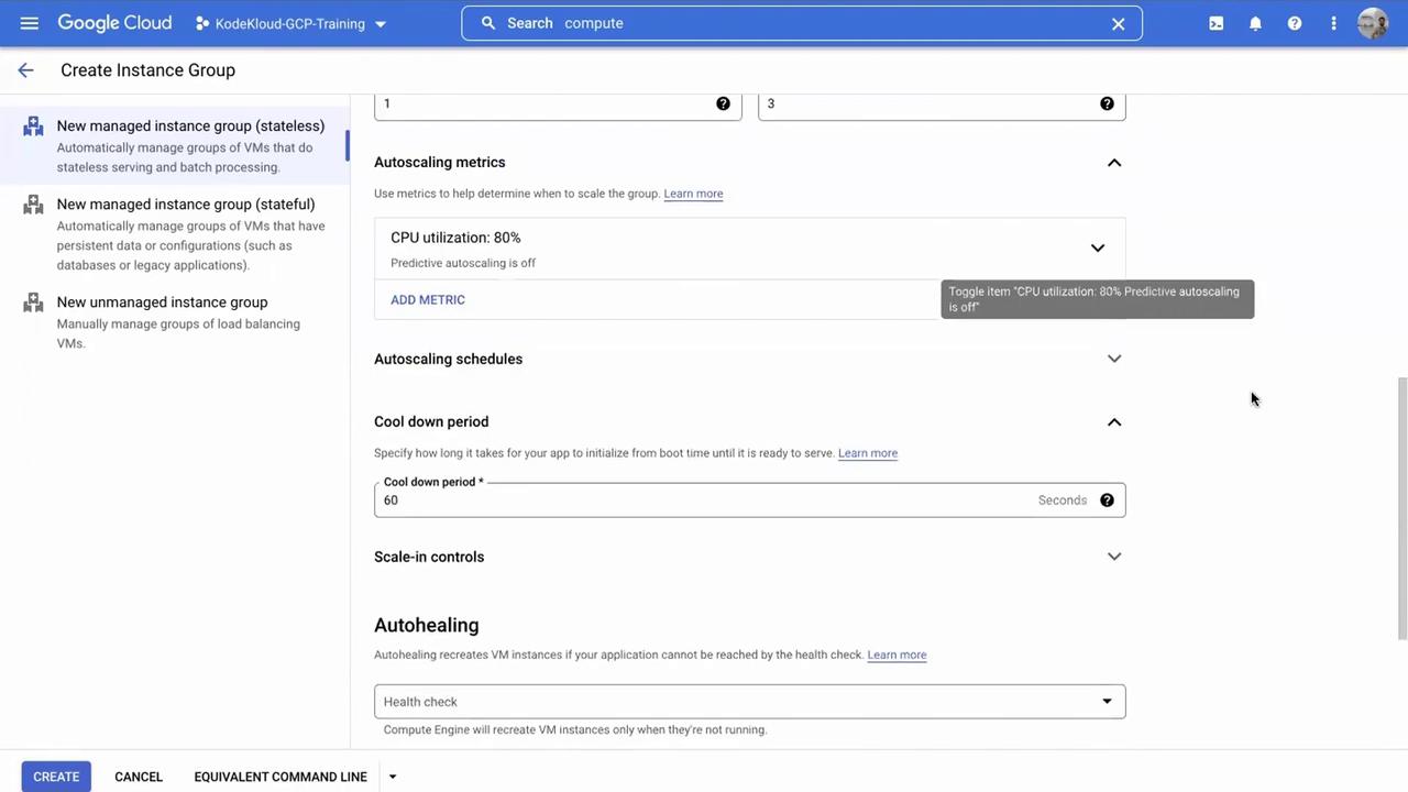 The image shows a Google Cloud interface for creating an instance group, with options for autoscaling metrics, schedules, and autohealing settings. It includes settings for CPU utilization and a cooldown period.