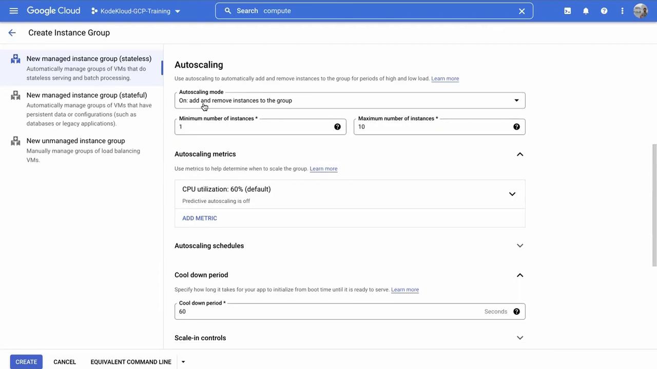 The image shows a Google Cloud interface for creating an instance group, with options for autoscaling settings, including minimum and maximum instances, CPU utilization metrics, and cooldown periods.