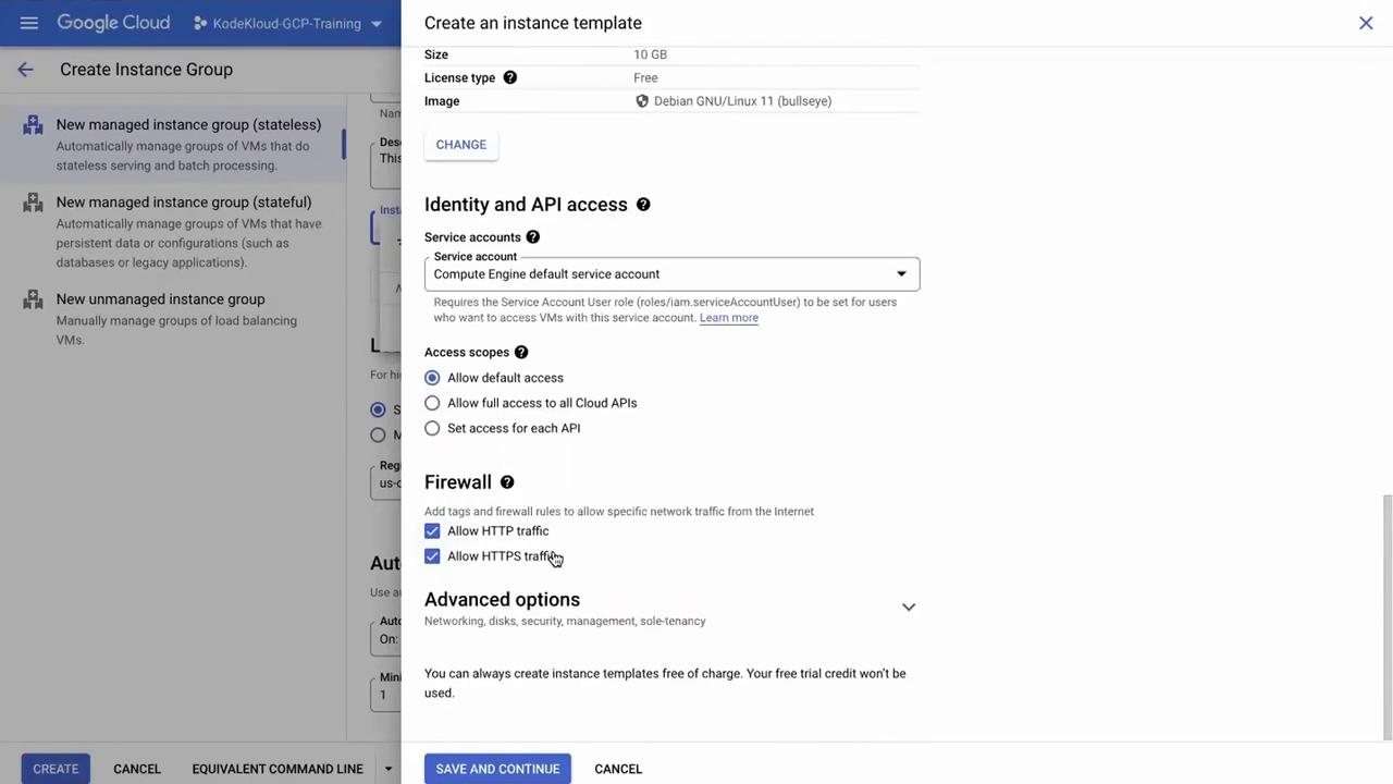 The image shows a Google Cloud interface for creating an instance template, with options for size, license type, image selection, identity and API access, firewall settings, and advanced options.