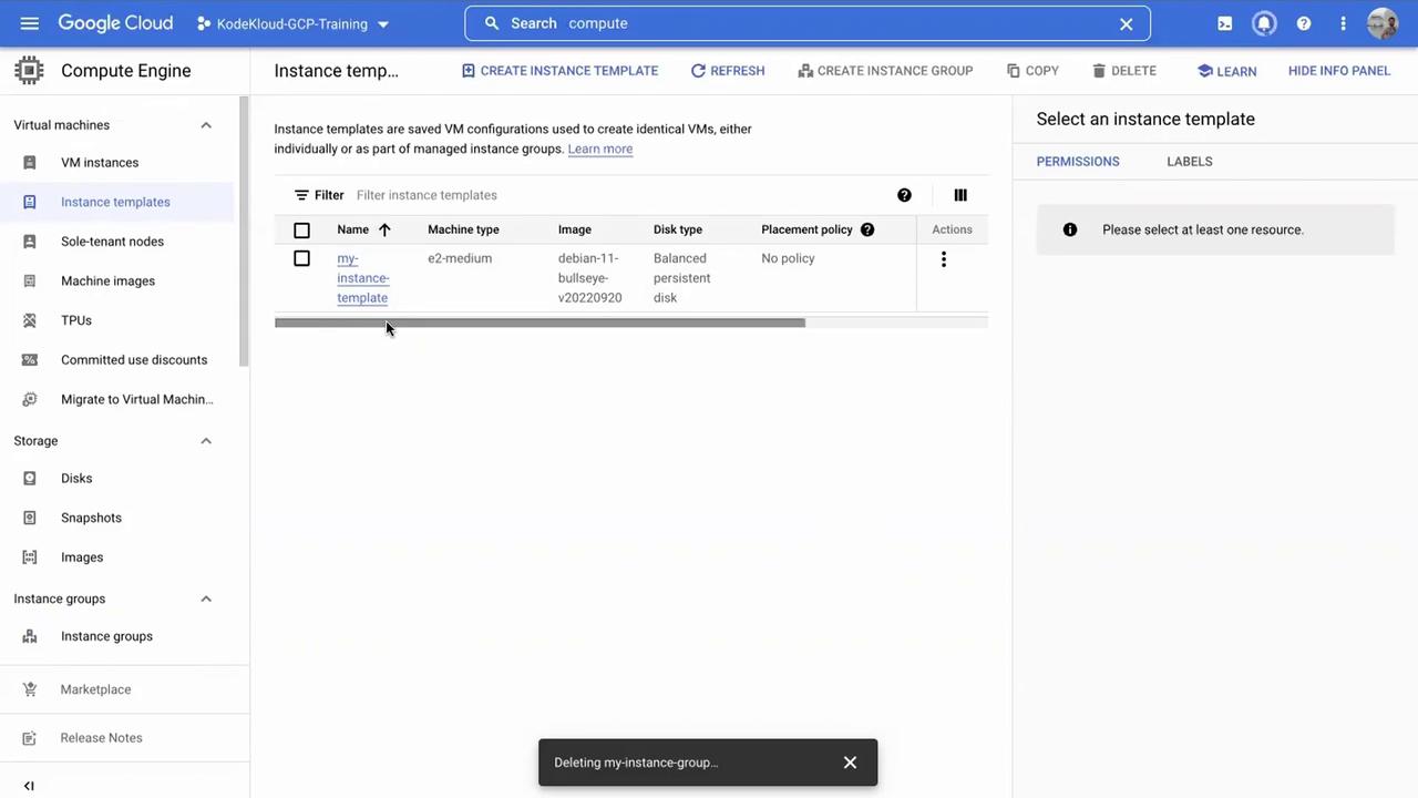 The image shows a Google Cloud Platform interface displaying a list of instance templates, with one template named "my-instance-template" highlighted. A notification at the bottom indicates that an instance group is being deleted.