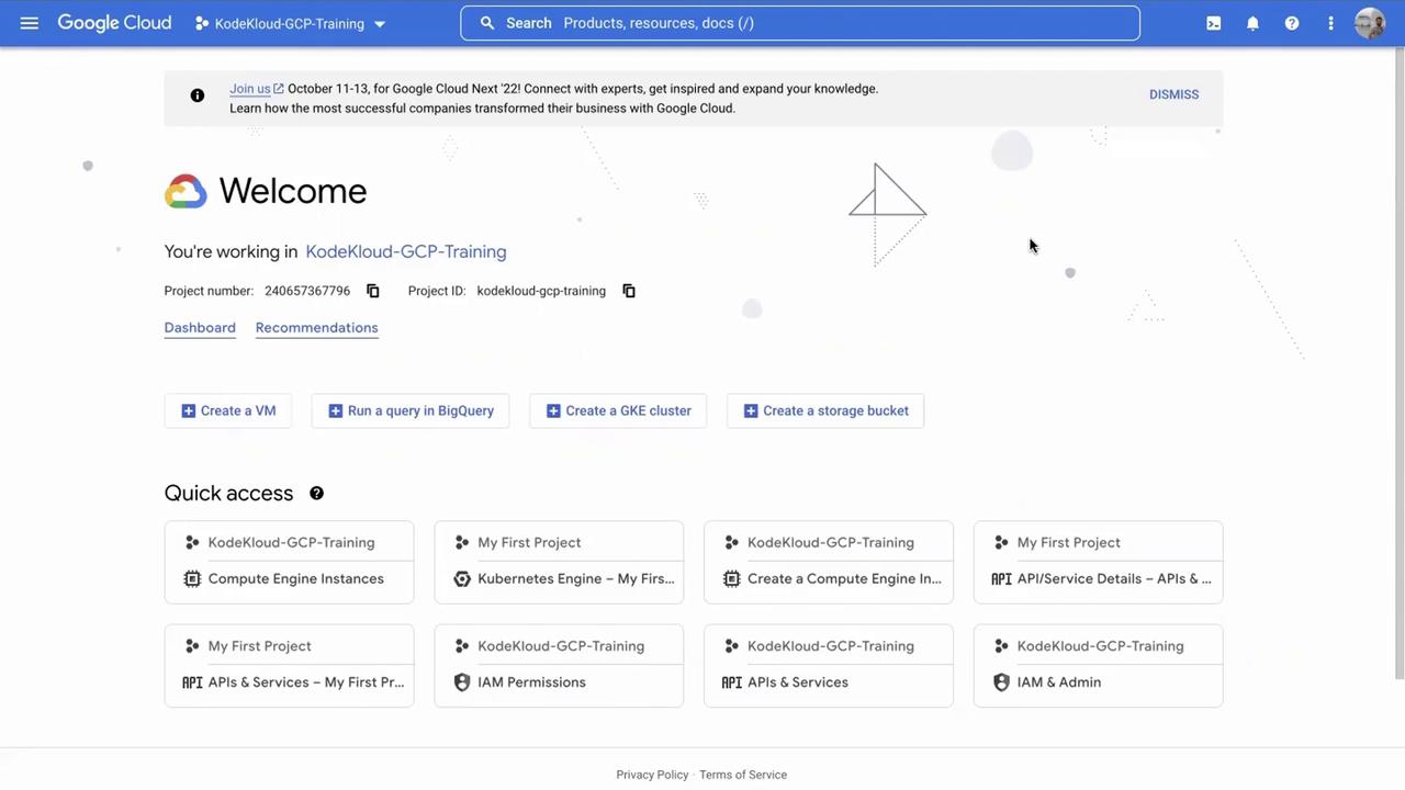 The image shows a Google Cloud Platform dashboard for a project named "KodeKloud-GCP-Training," featuring options to create a VM, run a BigQuery, and access various project resources.