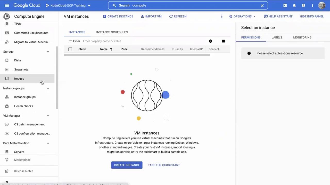 The image shows the Google Cloud Platform interface for managing VM instances, with options to create or import a virtual machine. The sidebar includes navigation options like Disks, Snapshots, and Images.