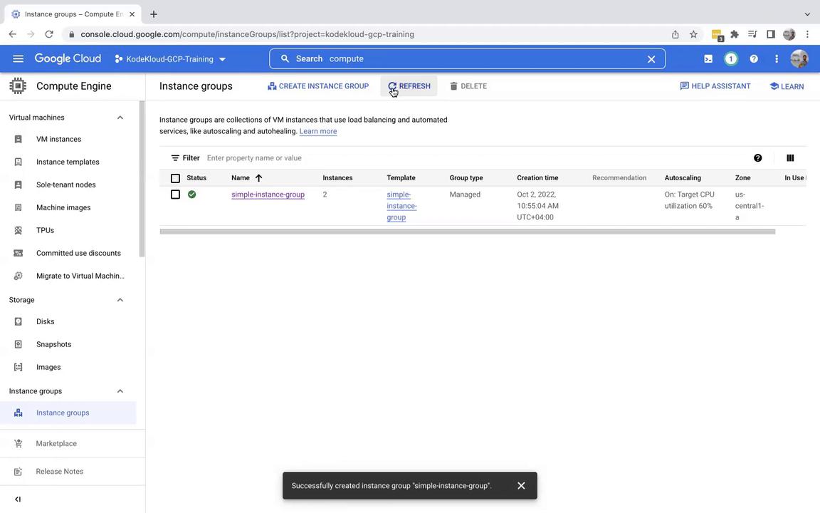 The image shows a Google Cloud Platform (GCP) console screen displaying an instance group named "simple-instance-group" with two instances, managed type, and autoscaling enabled. A notification confirms the successful creation of the instance group.