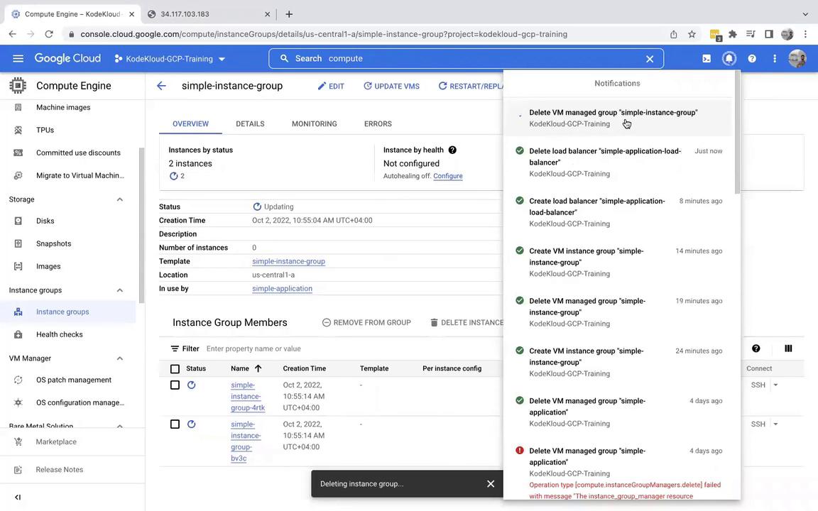 The image shows a Google Cloud Platform (GCP) console interface displaying details of a "simple-instance-group" with notifications about creating and deleting VM instance groups and load balancers. The interface includes options for managing instances and viewing their status.