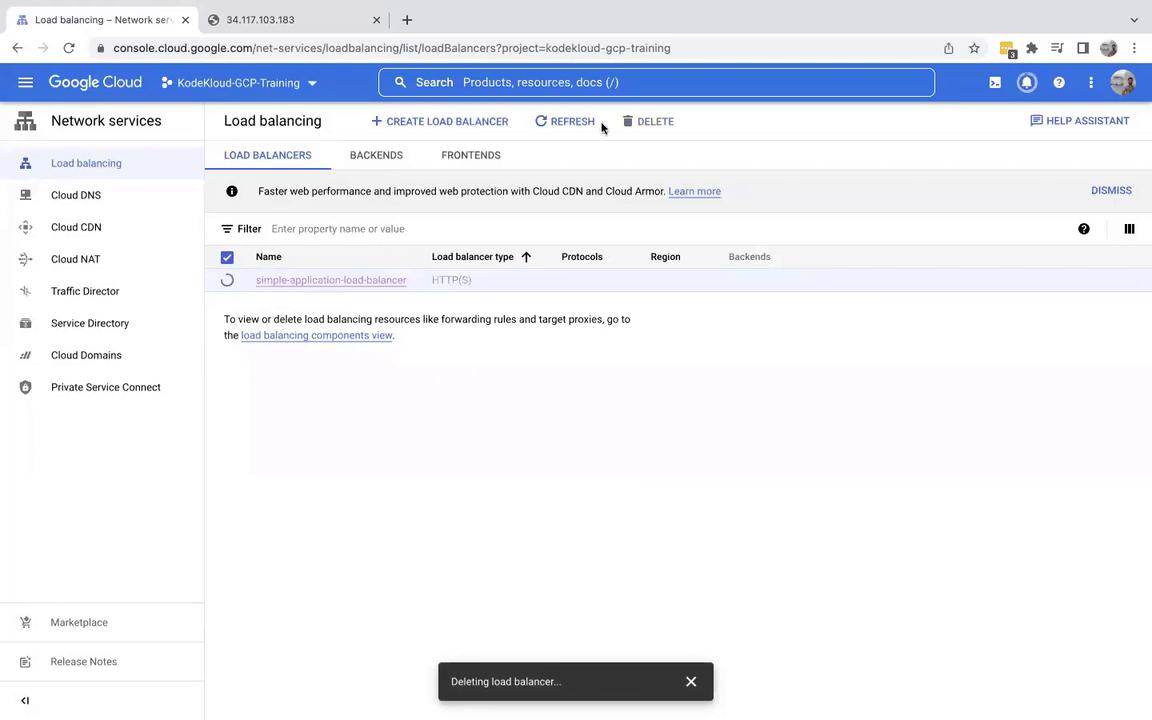 The image shows the Google Cloud Console interface, specifically the Load Balancing section, where a load balancer named "simple-application-load-balancer" is being deleted.