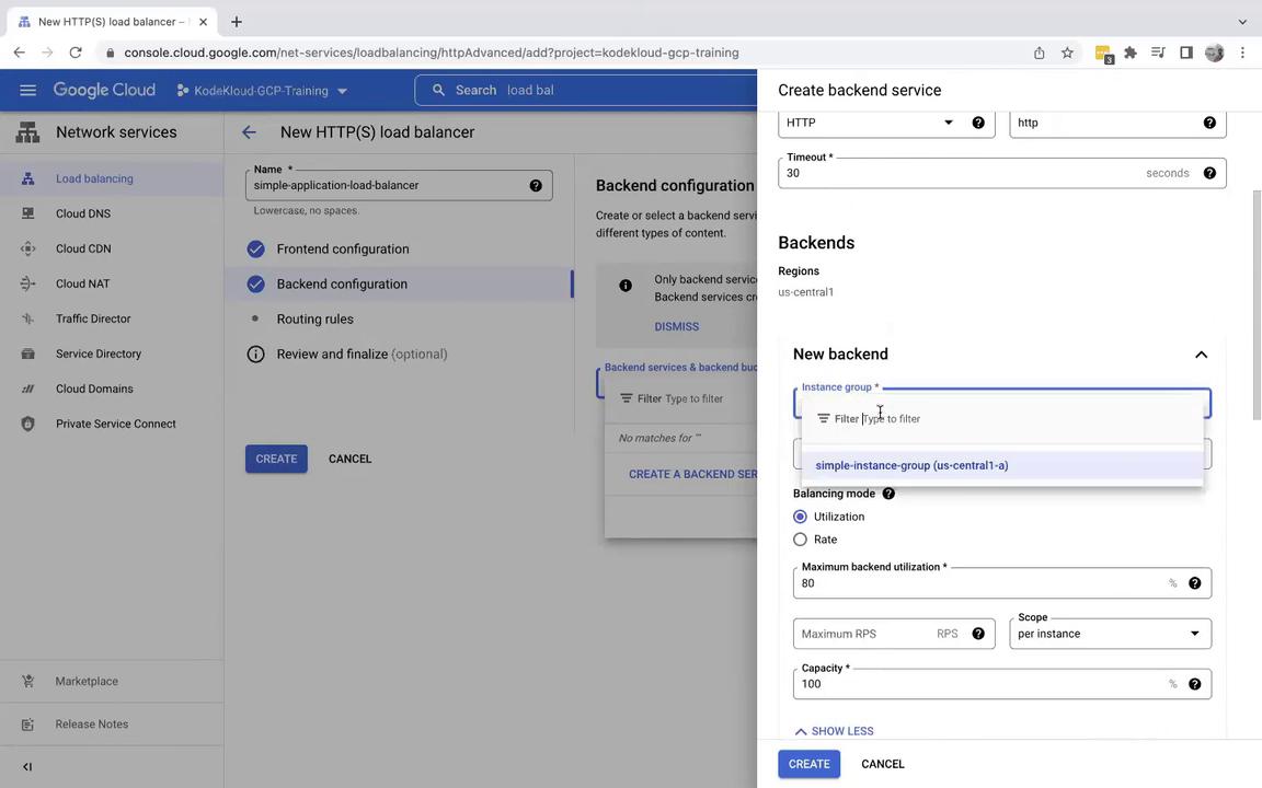 The image shows a Google Cloud Platform interface for creating a new HTTP(S) load balancer, specifically focusing on the backend configuration settings. It includes options for selecting an instance group and setting balancing modes.