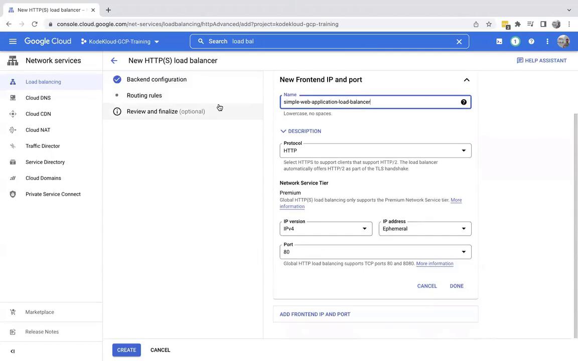The image shows a Google Cloud Platform interface for configuring a new HTTP(S) load balancer, with options for setting the frontend IP and port. The sidebar includes various network services like Cloud DNS and Cloud CDN.