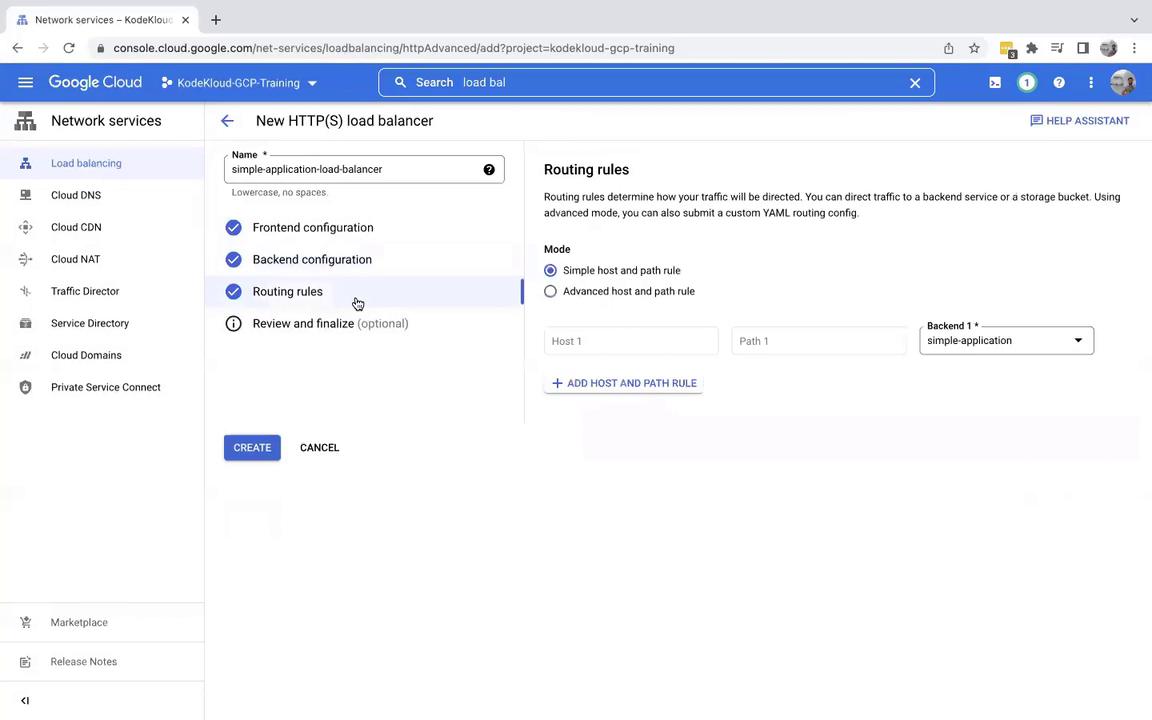 The image shows a Google Cloud Platform interface for setting up a new HTTP(S) load balancer, with options for frontend, backend, and routing configurations. The "Routing rules" section is highlighted, allowing the user to define host and path rules.