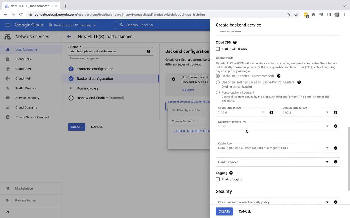 The image shows a Google Cloud Platform interface for creating a new HTTP(S) load balancer, with options for backend configuration and Cloud CDN settings.