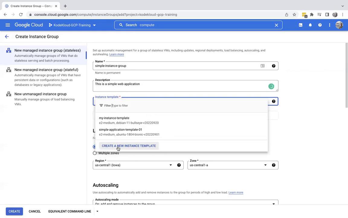 The image shows a Google Cloud Platform interface for creating a new instance group, with options for selecting an instance template and configuring settings like region and zone.