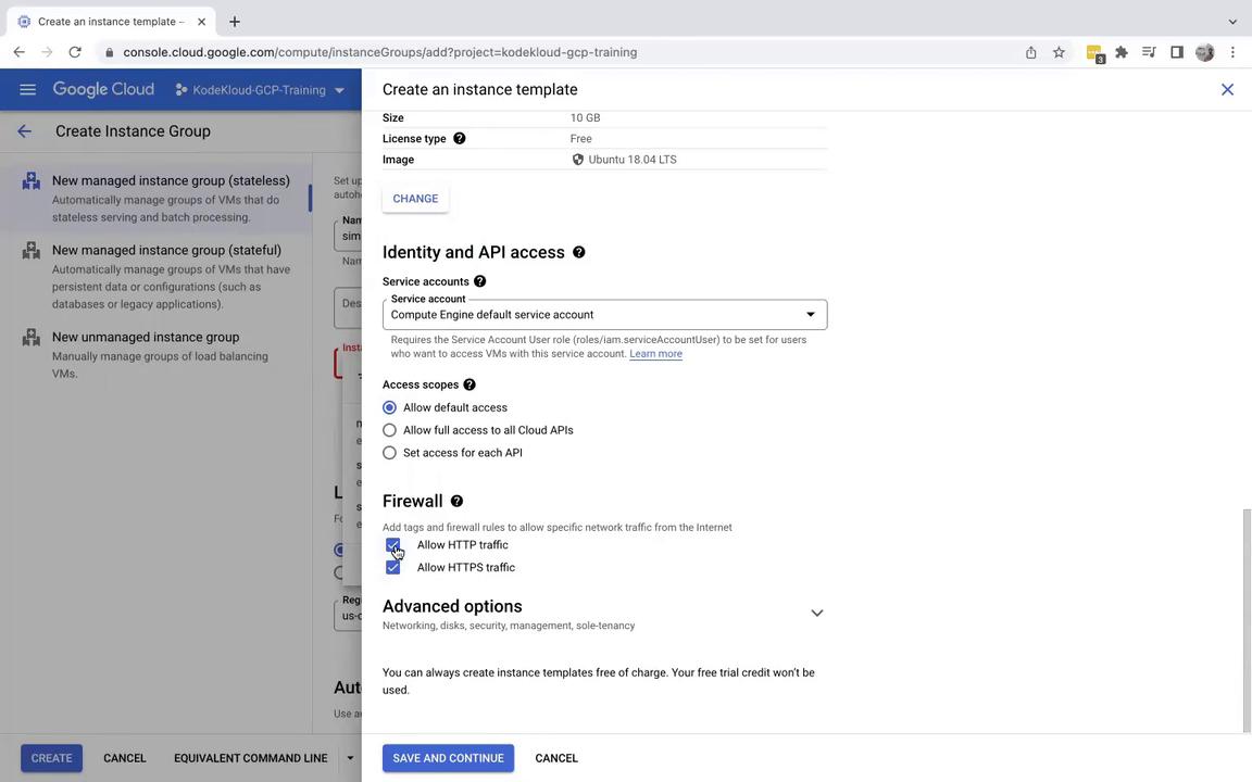 The image shows a Google Cloud Platform interface for creating an instance template, with options for setting size, license type, image, identity and API access, firewall settings, and advanced options.