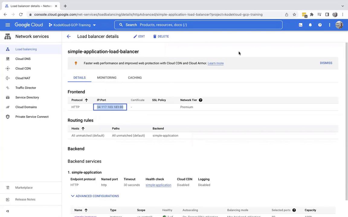 The image shows a Google Cloud Platform interface displaying details of a load balancer named "simple-application-load-balancer," including frontend and backend configurations. It highlights the IP address, protocol, and backend services associated with the load balancer.