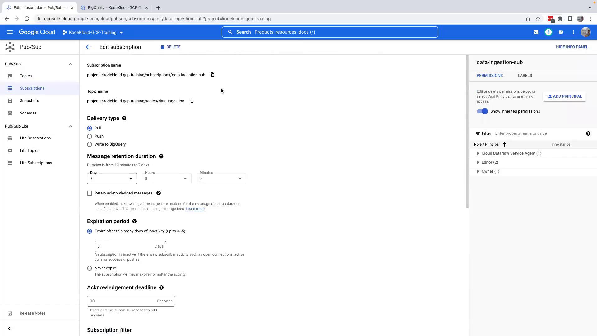 The image shows the Google Cloud Console interface for editing a Pub/Sub subscription, with options for delivery type, message retention, expiration period, and permissions settings.