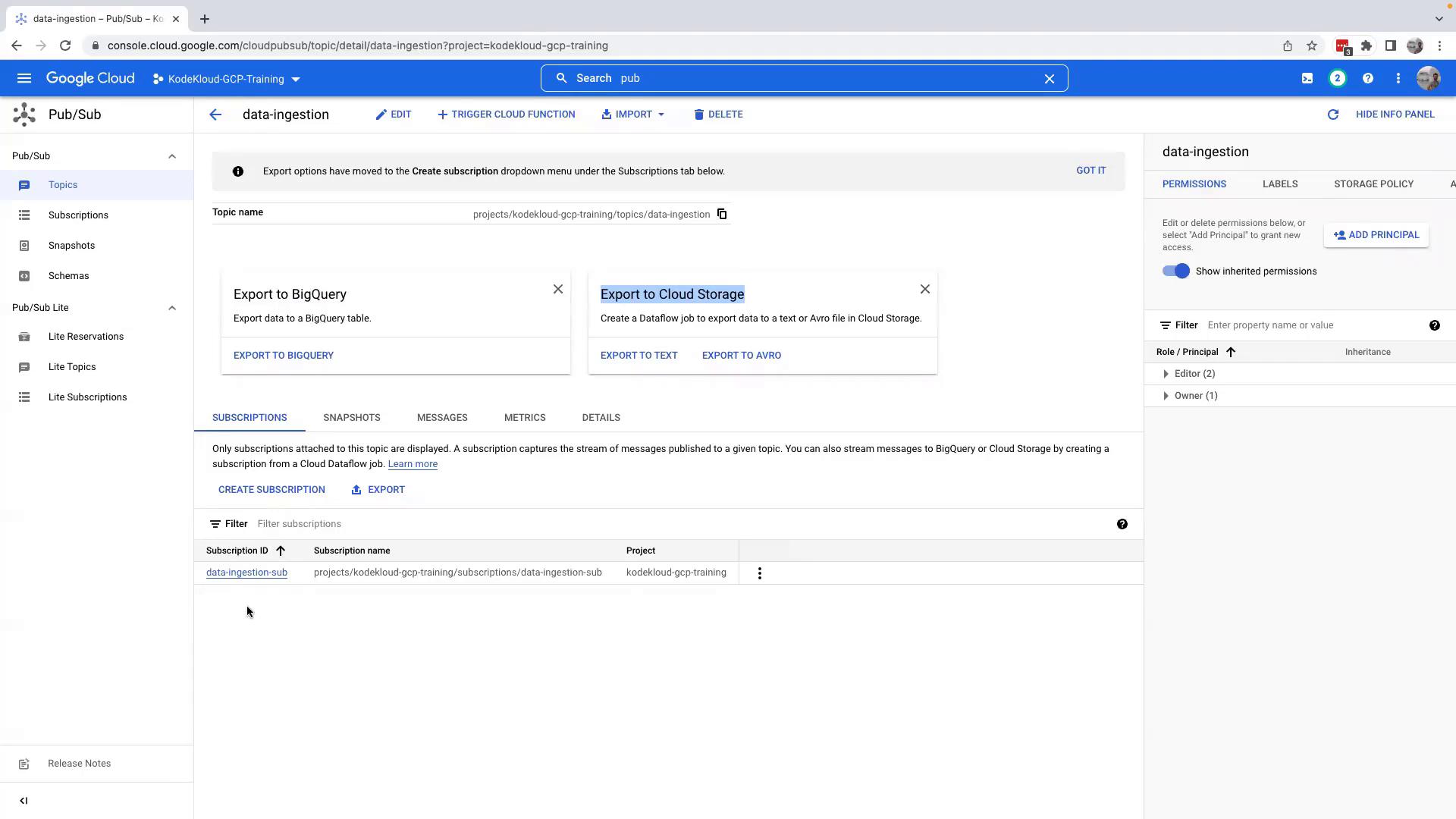The image shows a Google Cloud Platform Pub/Sub console interface for a topic named "data-ingestion," with options to export data to BigQuery or Cloud Storage. It also displays subscription details and permissions settings.
