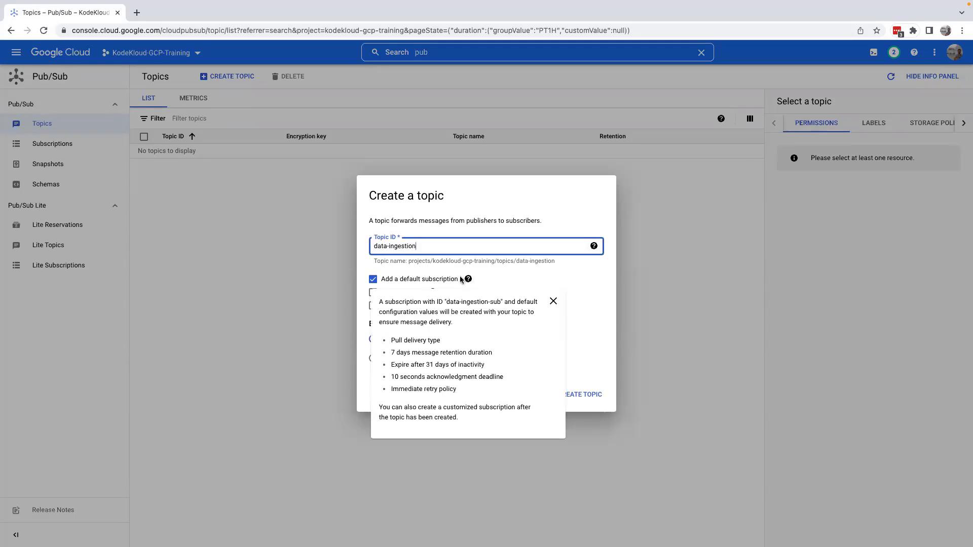 The image shows a Google Cloud Platform interface for creating a Pub/Sub topic, with a dialog box open for entering a topic ID and configuring a default subscription.